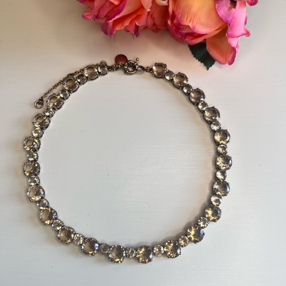 JCrew Smoky Citrine Necklace Vintage Brass Hardware Clear Stones
